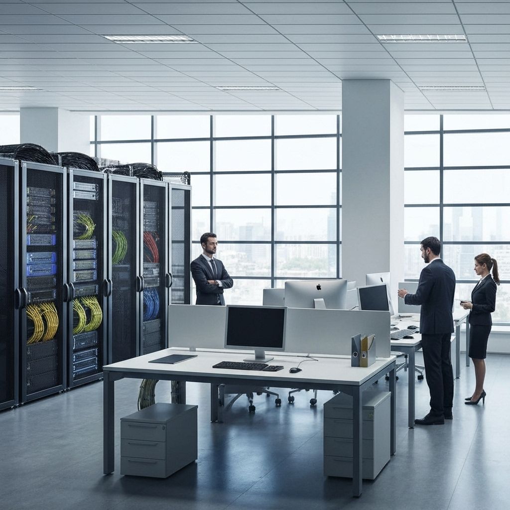 Enterprise IT solutions showing a modern office with technology infrastructure